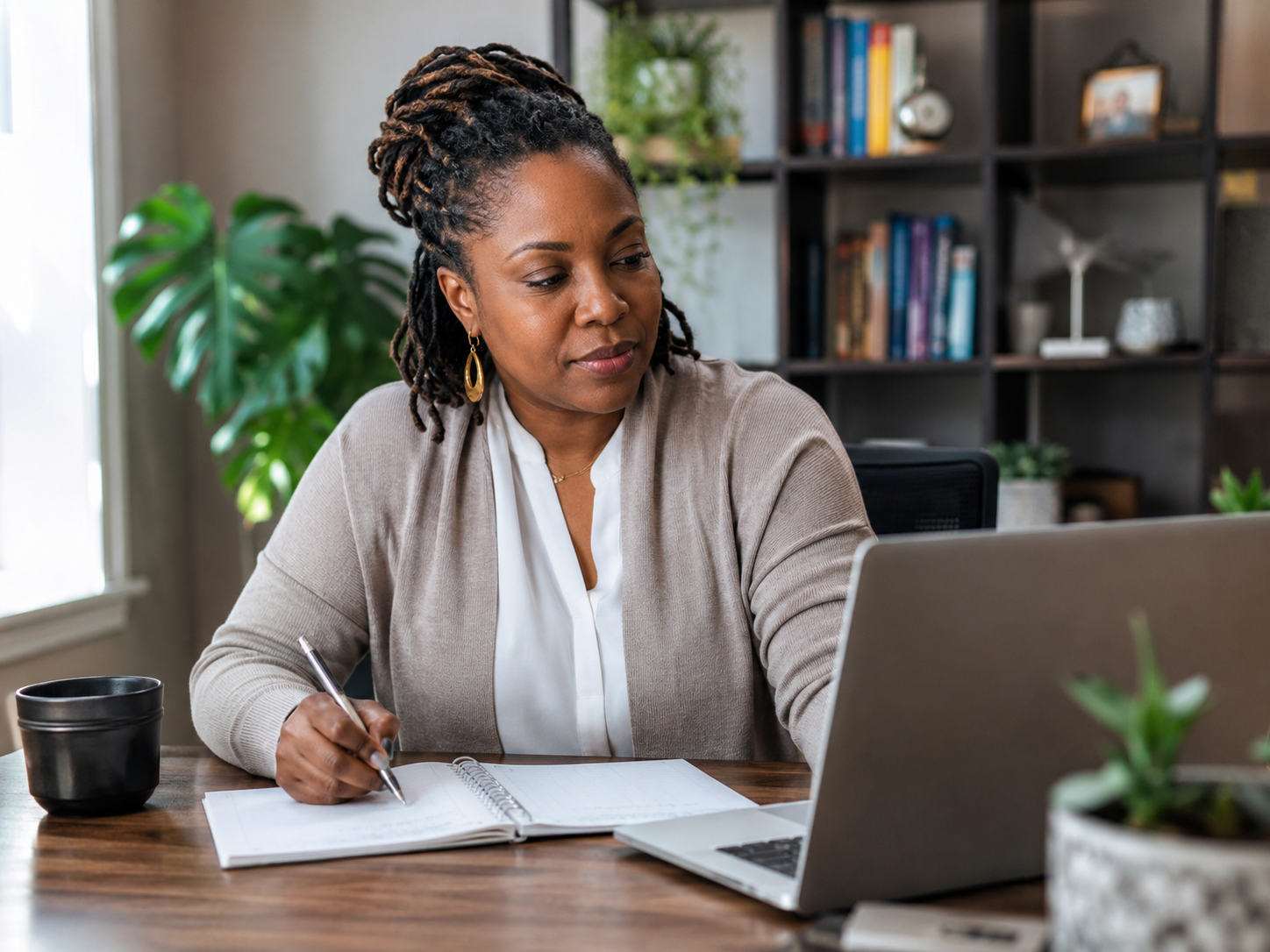 Black professional planning individualized support at a desk