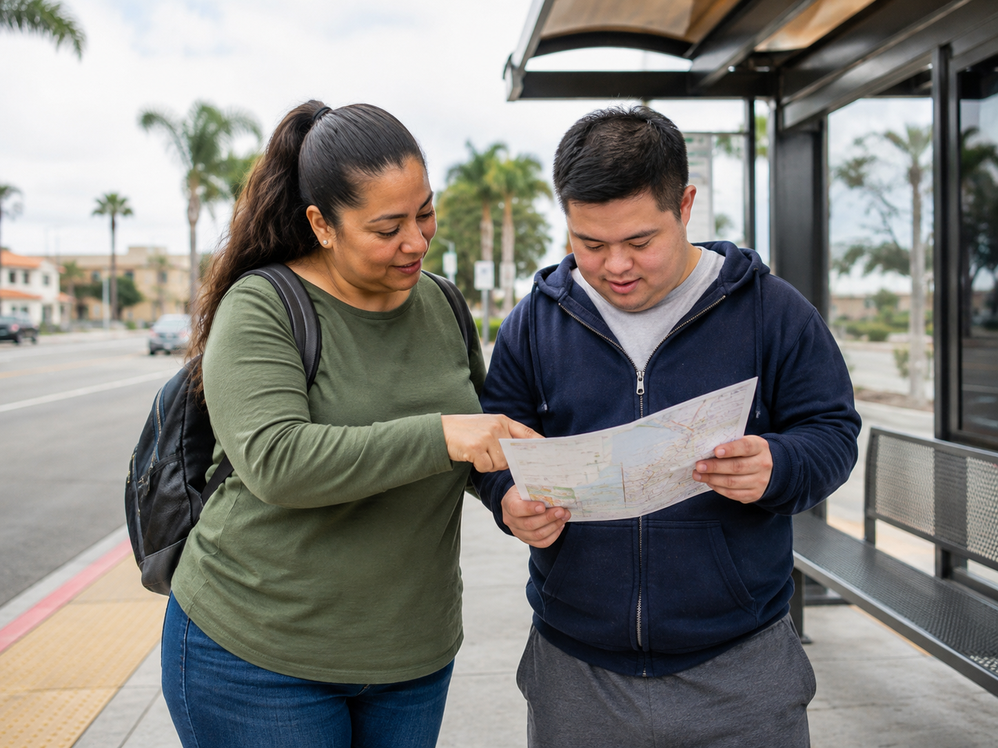 Latina support professional helping an adult read a map at a bus stop