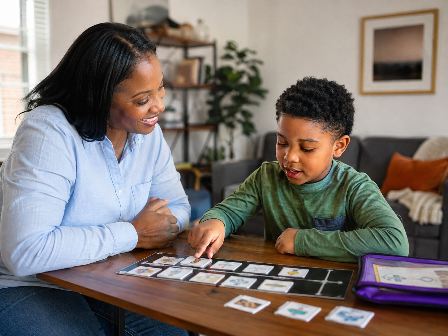 Black caregiver and child practicing picture-card communication at a table