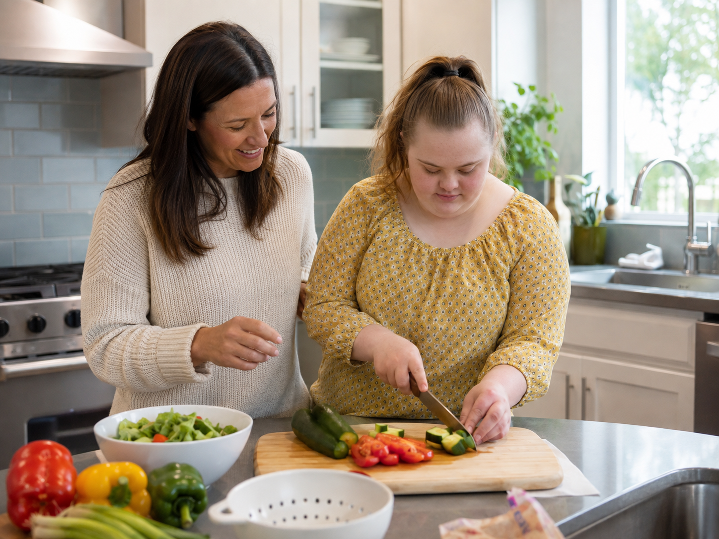 Adult learning meal-preparation skills with supportive coaching in a kitchen