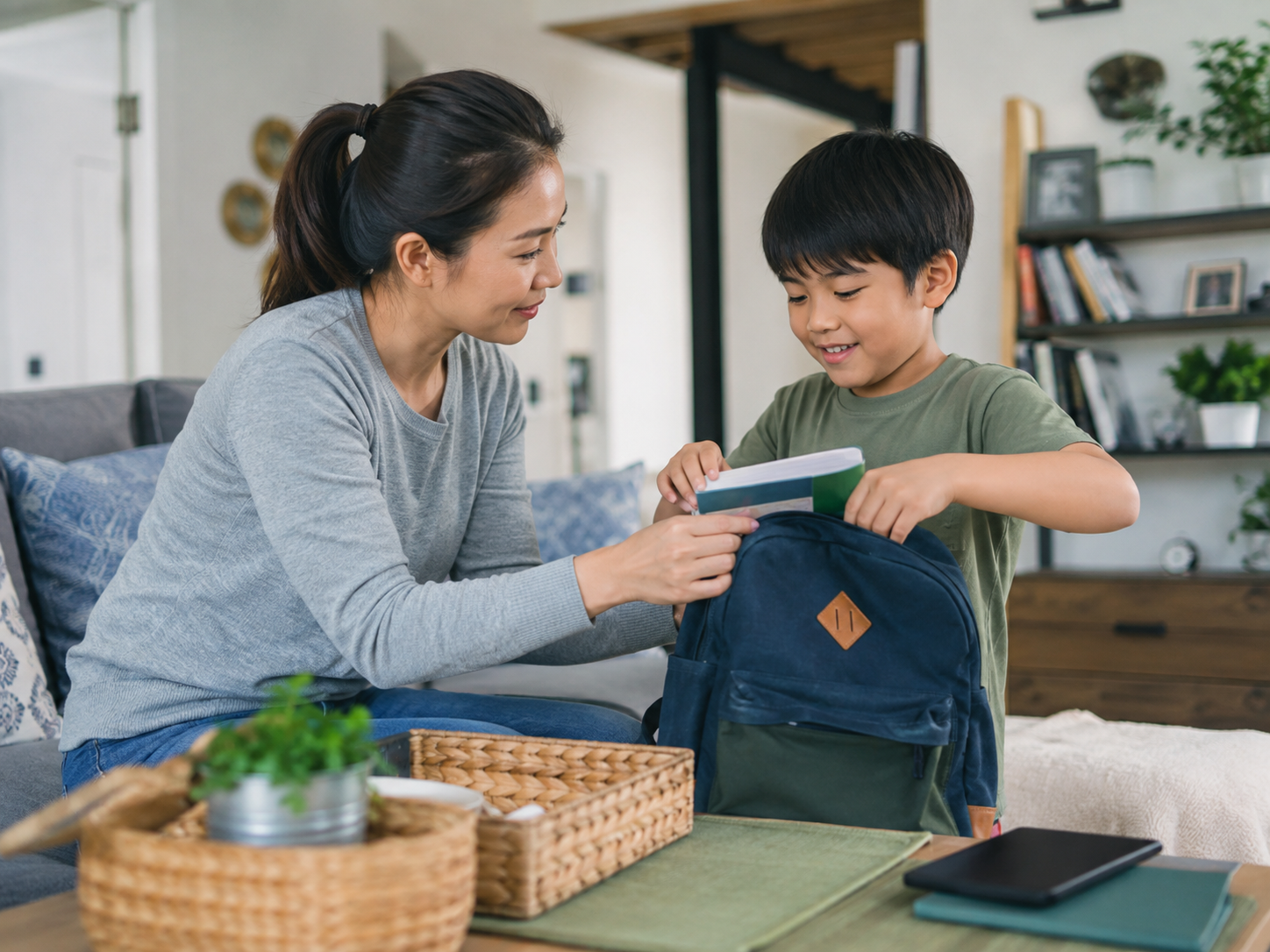 Asian parent helping a child pack a backpack for school at home